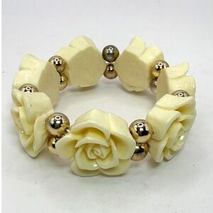 Vintage Carved Rose Stretch Bracelet Ivory Tone Floral Bead Bracelet
